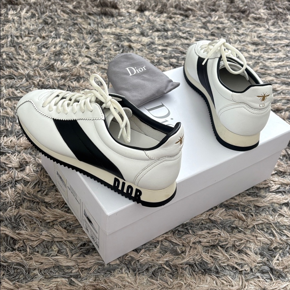 Dior Classic Design White and Black Leather Sneakers with Logo, Size 36